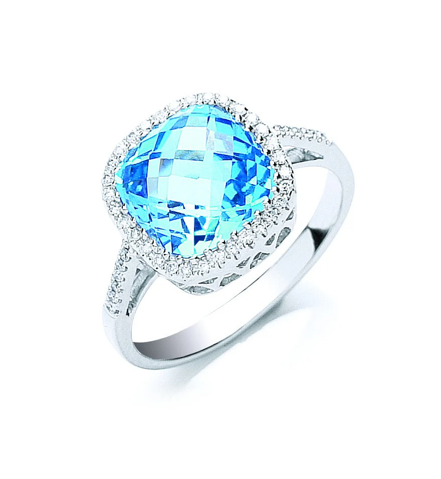 9ct White Gold 0.15ct Diamond & 3.50ct Blue Topaz Ring