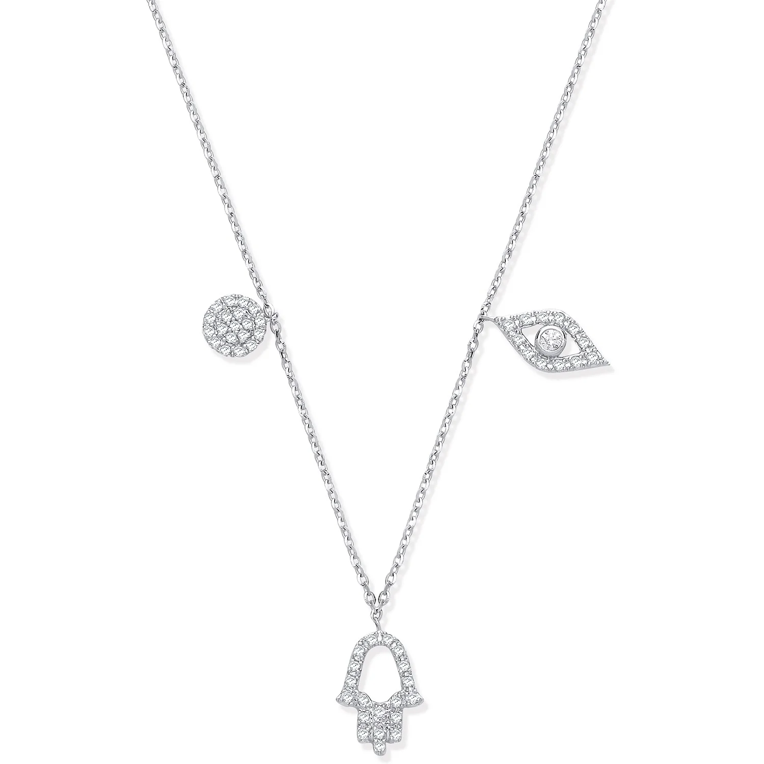 9ct White Gold 0.22ctw Evil Eye, Hamsa & Circle Pendant Chain