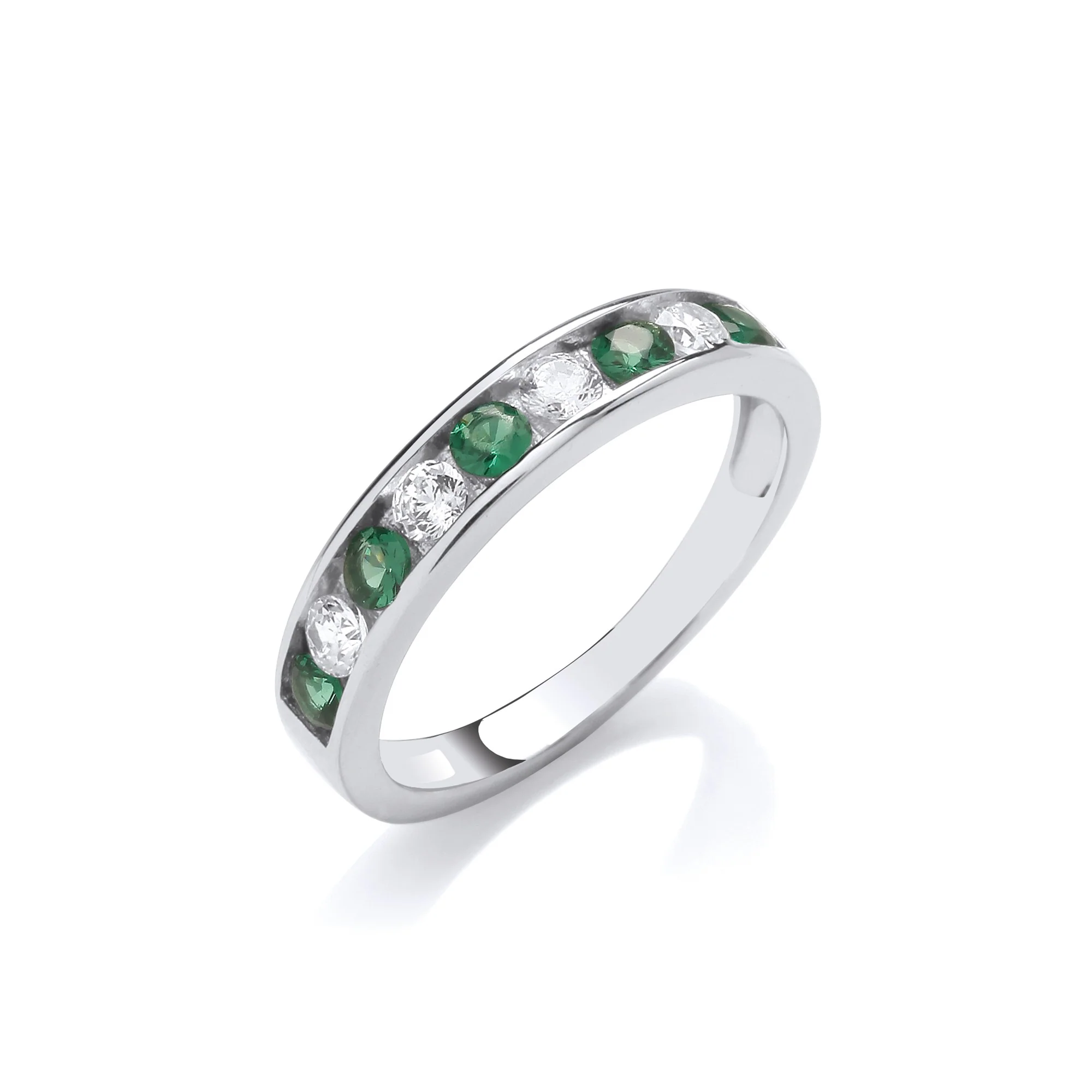 Emerald Green & Clear CZ Half ET Silver Ring