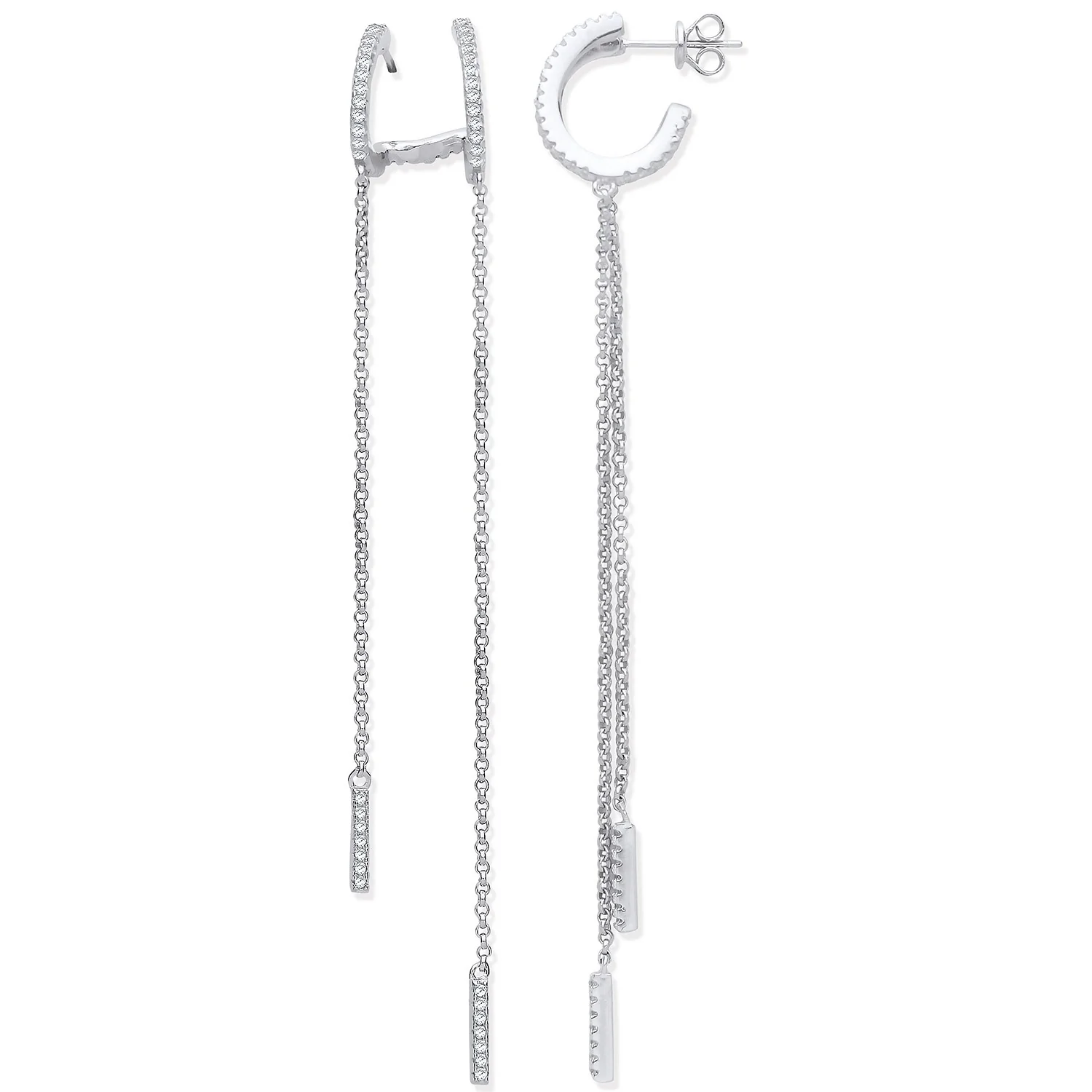 Silver CZ Hoop and Bar Chains Drop Earrings