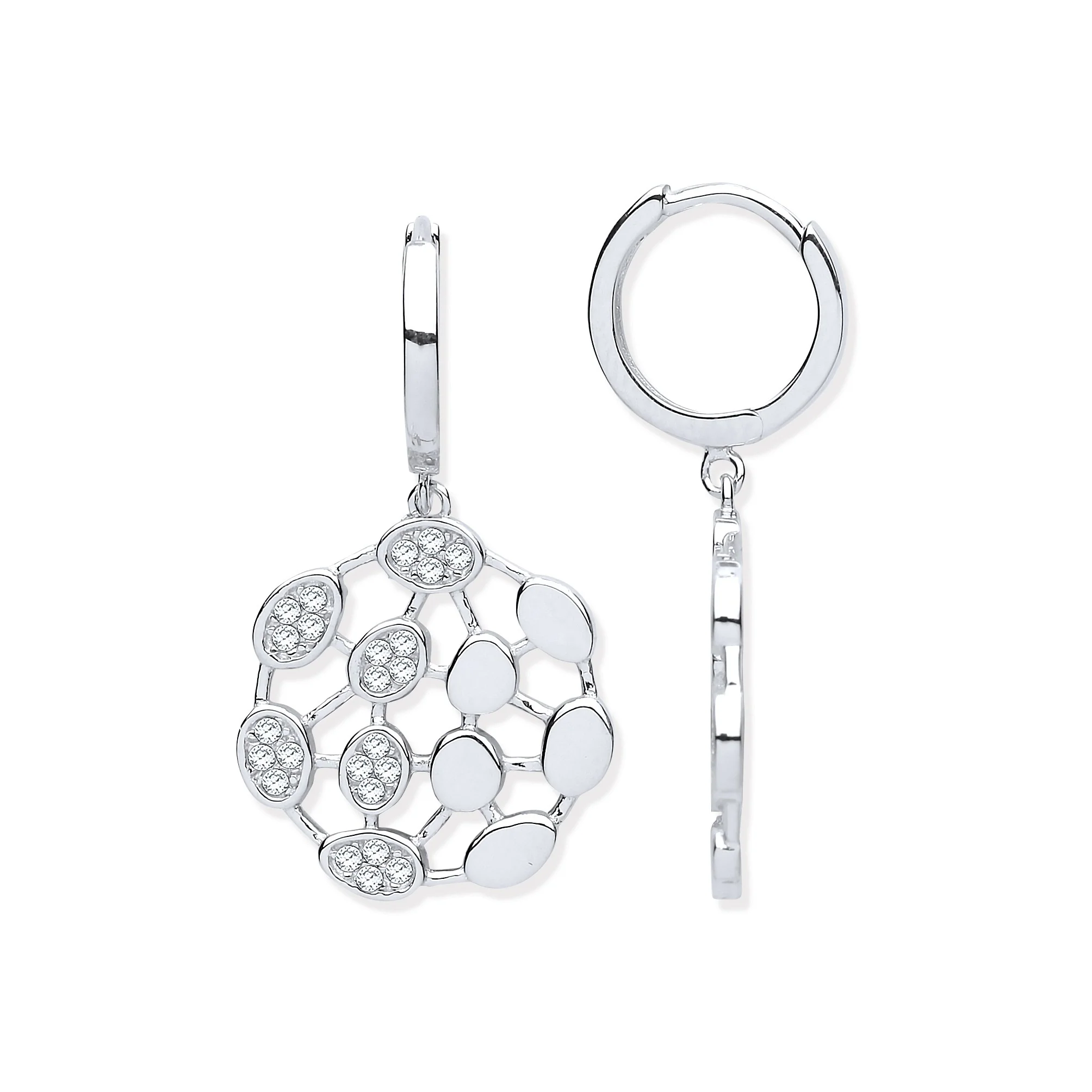 Silver Half Plain & Half CZs Fancy Earrings