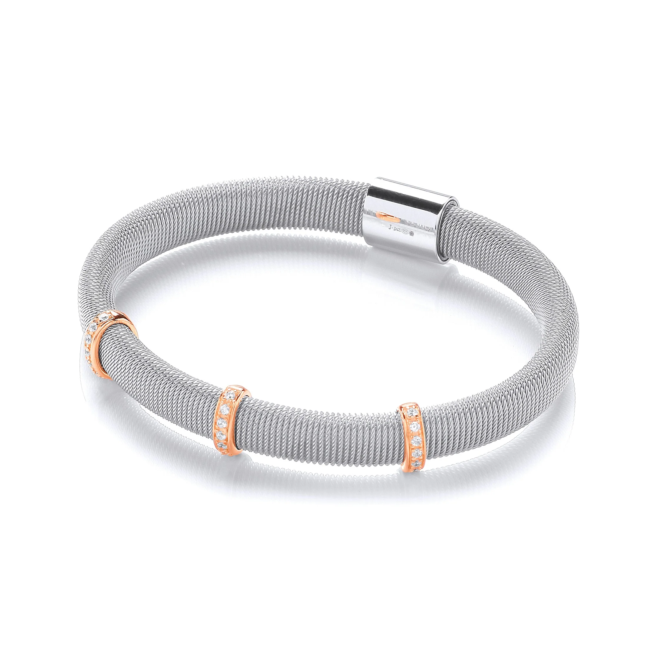 Silver Mangetic Bangle with Three Rose Lines of Cz's