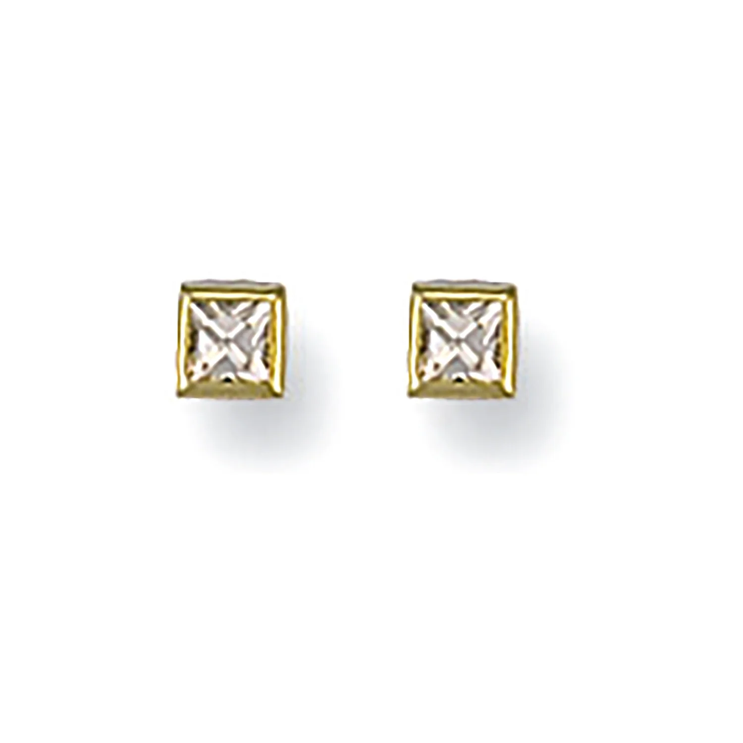 Yellow Gold 3mm Rubover Set Princess Cut Cz Studs