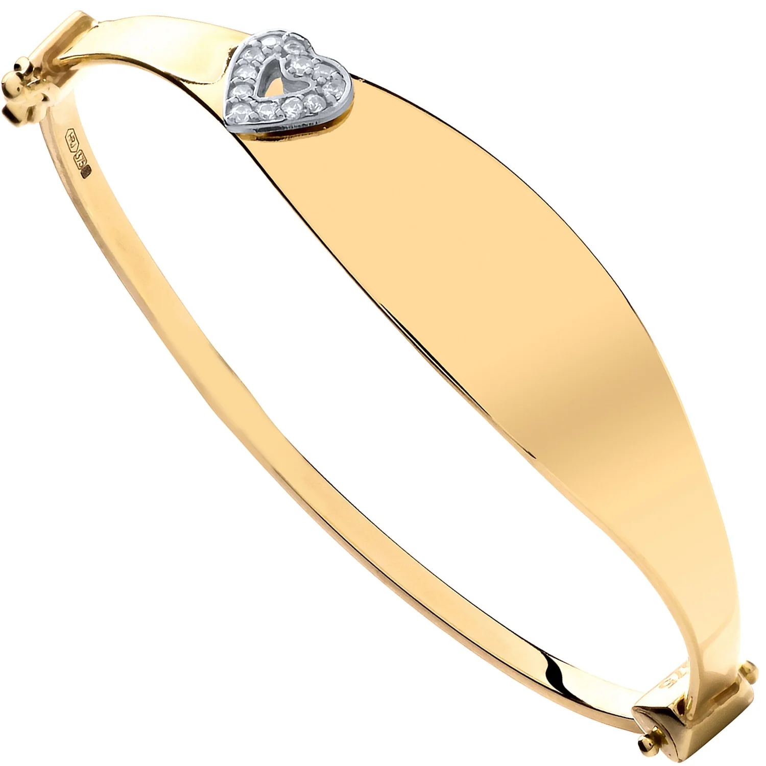 Yellow Gold Oval ID with Cz Heart Baby Bangle