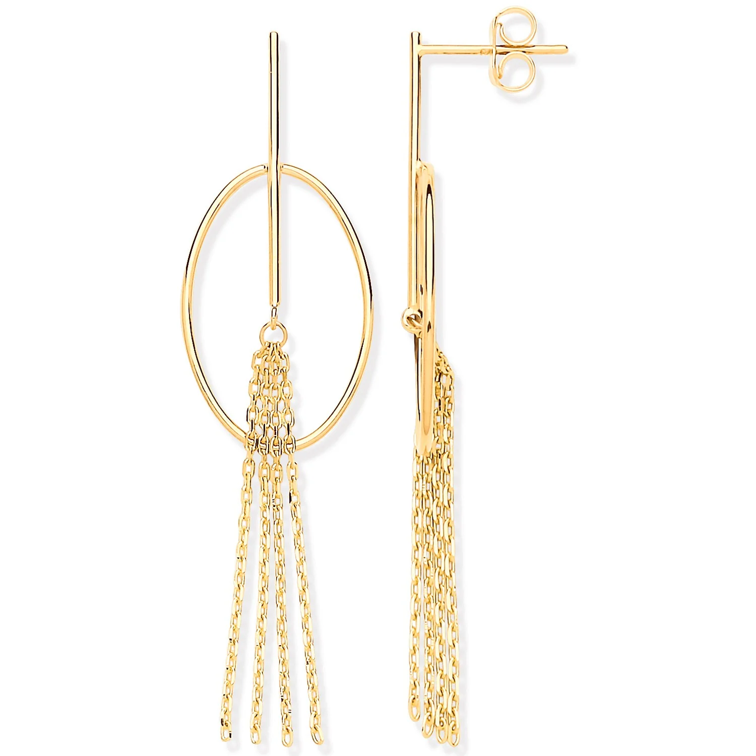 Yellow Gold Oval Tube Tassel Drop Earrings