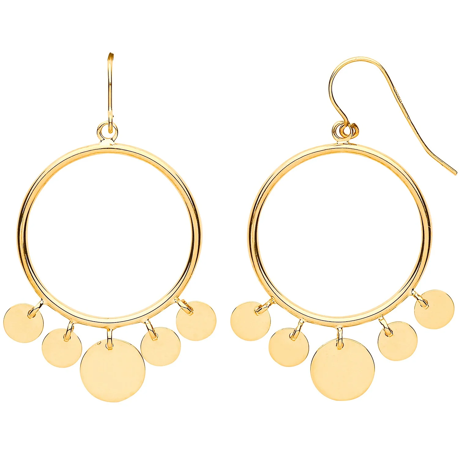 Yellow Gold Round Tube with Circle Disc Dangles, Hook Style Earrings