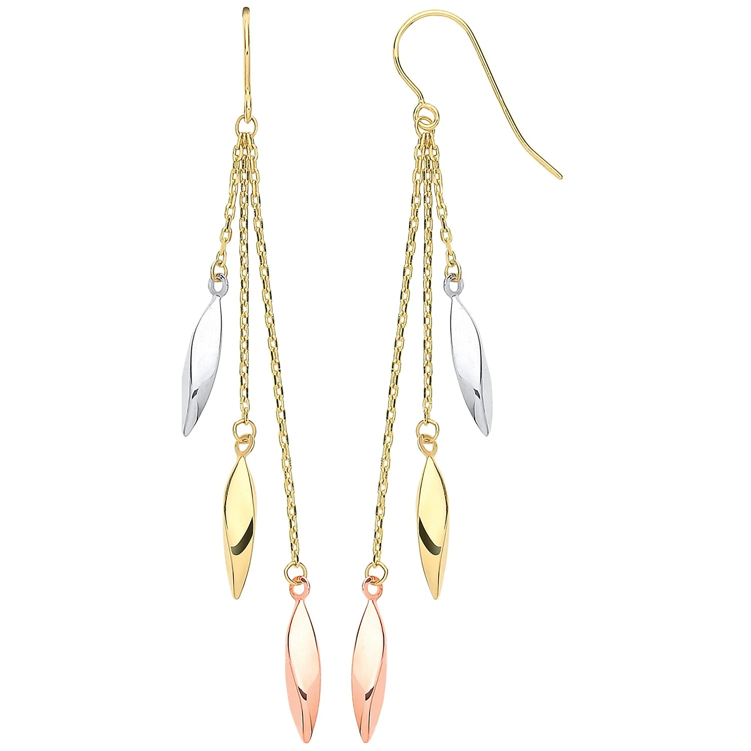 Yellow Gold, White Gold & RG Twisted Tubes Hollow Drop Earrings